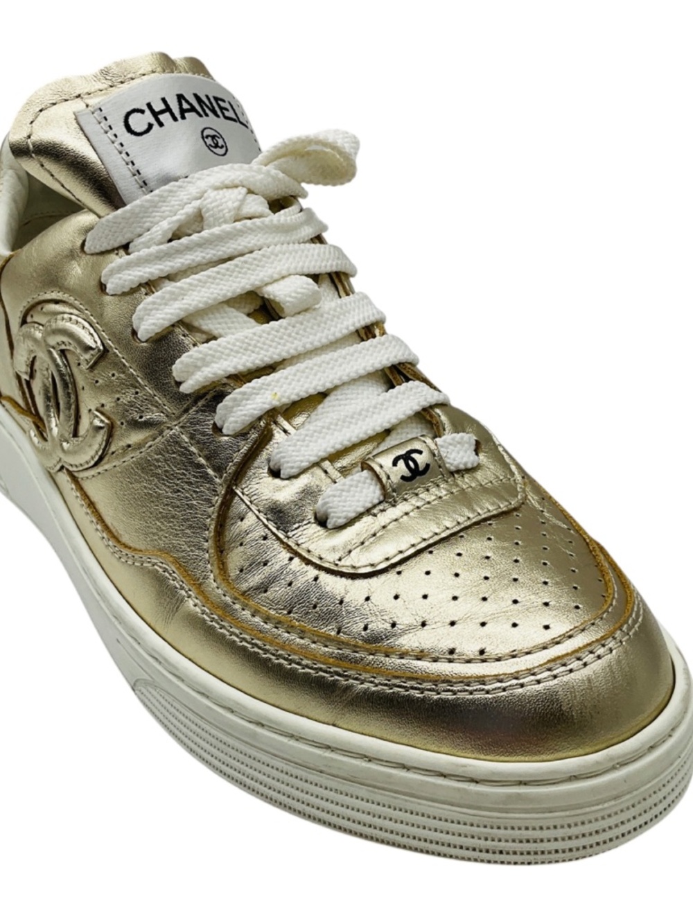 Chanel Gold Metallic 2023 CC Logo Calfskin Leather Low Top Sneakers